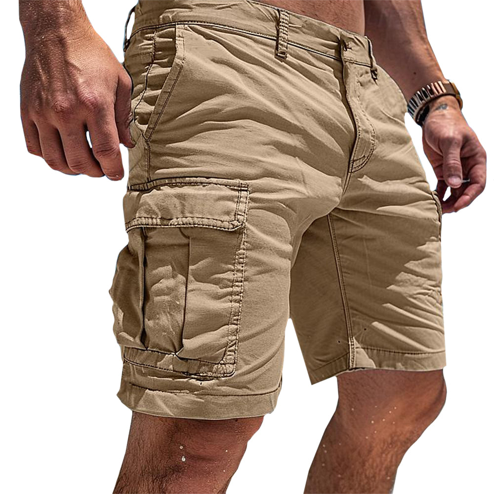 Khaki men's classic utility cargo shorts, versatile for summer, outdoor adventures or comfortable everyday casual wear.