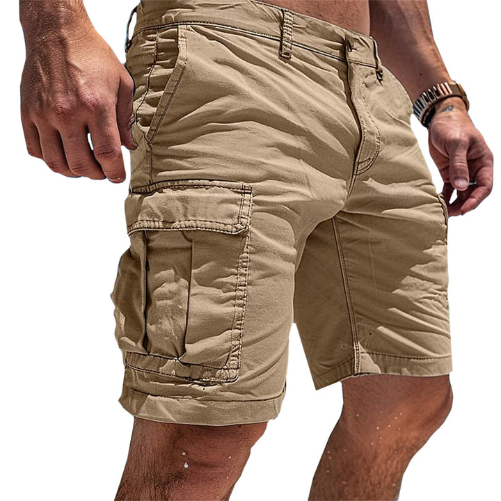 Khaki men's classic utility cargo shorts, versatile for summer, outdoor adventures or comfortable everyday casual wear.