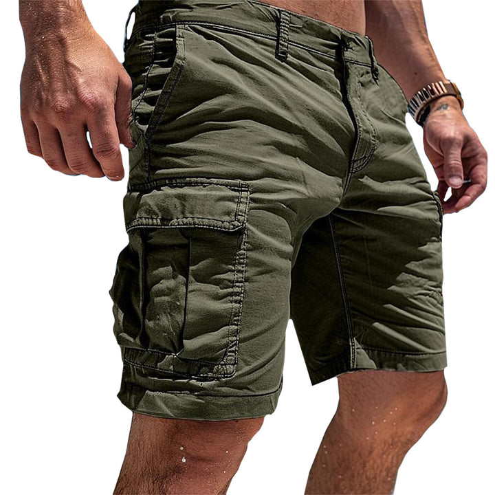 Dark green men's multi-pocket cargo shorts, ideal for outdoor comfort, utility & versatile summer casual style.