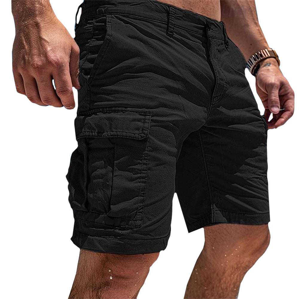 Black men's classic cargo utility shorts with multi-pockets, durable & comfortable for everyday casual & outdoor wear.