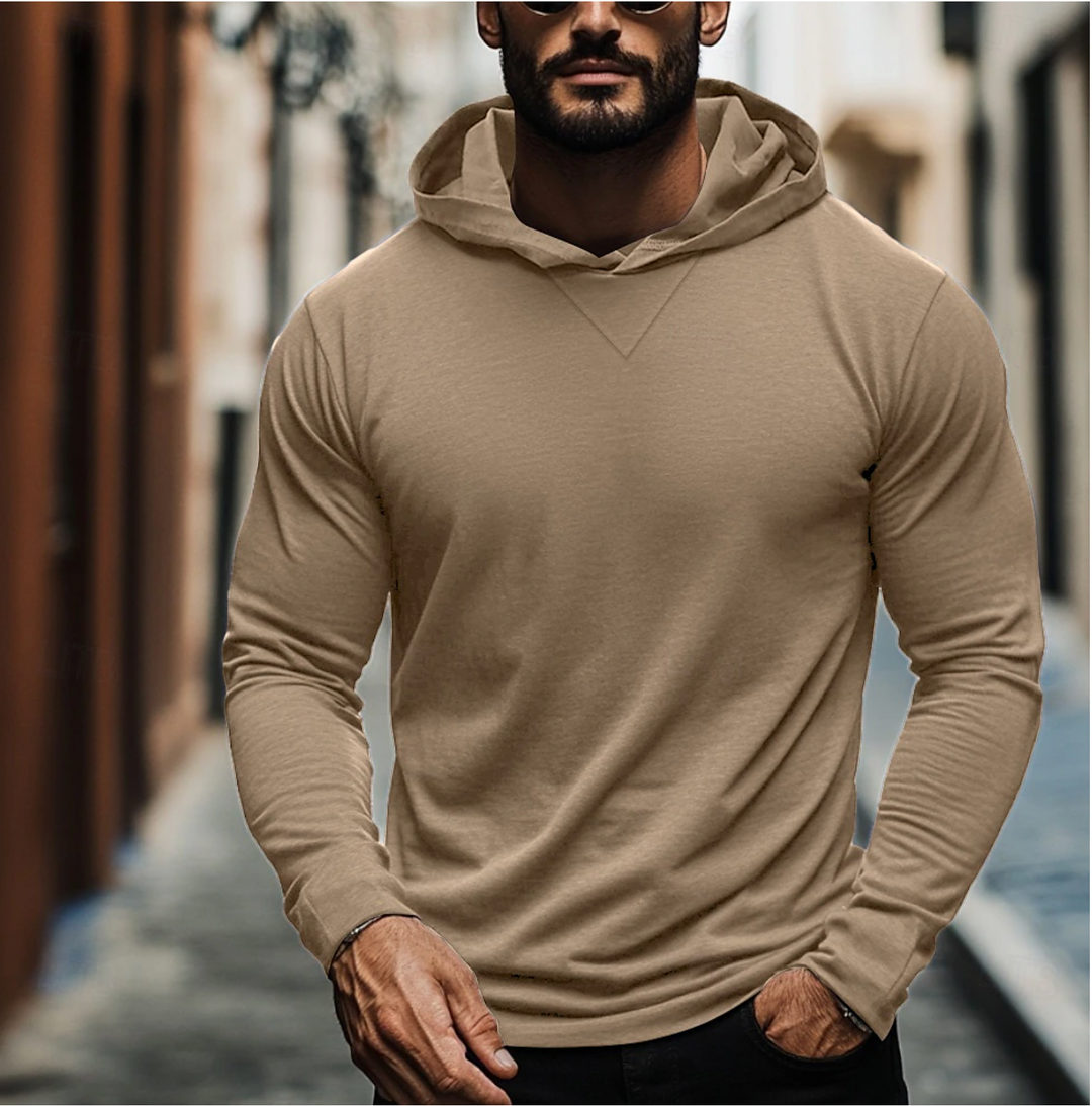 Back view of men's comfortable hooded pullover sweatshirt, ideal for everyday style & casual wear.