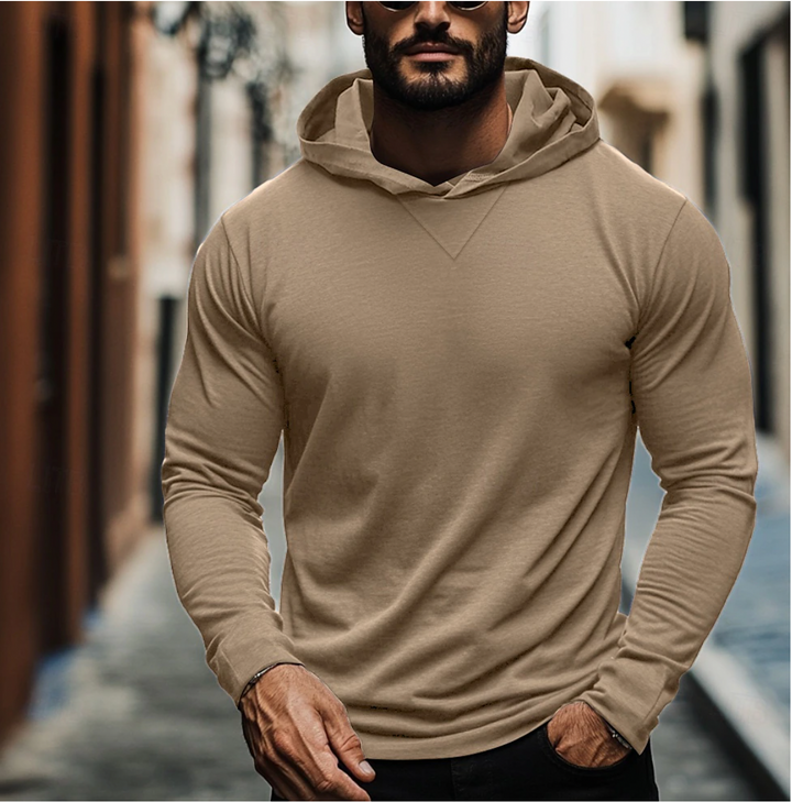 Back view of men's comfortable hooded pullover sweatshirt, ideal for everyday style & casual wear.