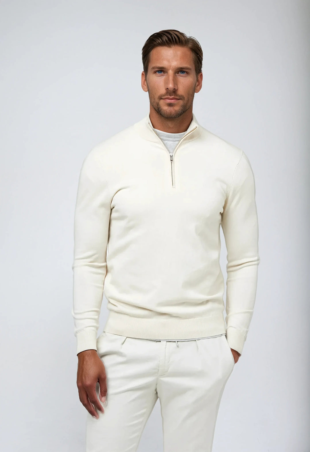 Men's classic half-zip pullover sweatshirt in grey, perfect for casual winter fashion.