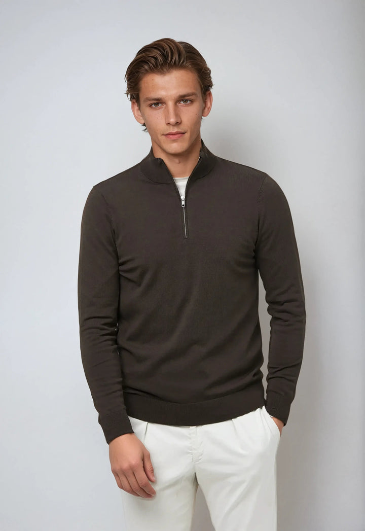 Detail shot of the fabric on a men's classic long sleeve half-zip sweatshirt.