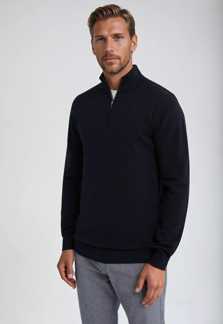 Men's classic navy blue half-zip pullover sweatshirt, versatile for everyday fashion.
