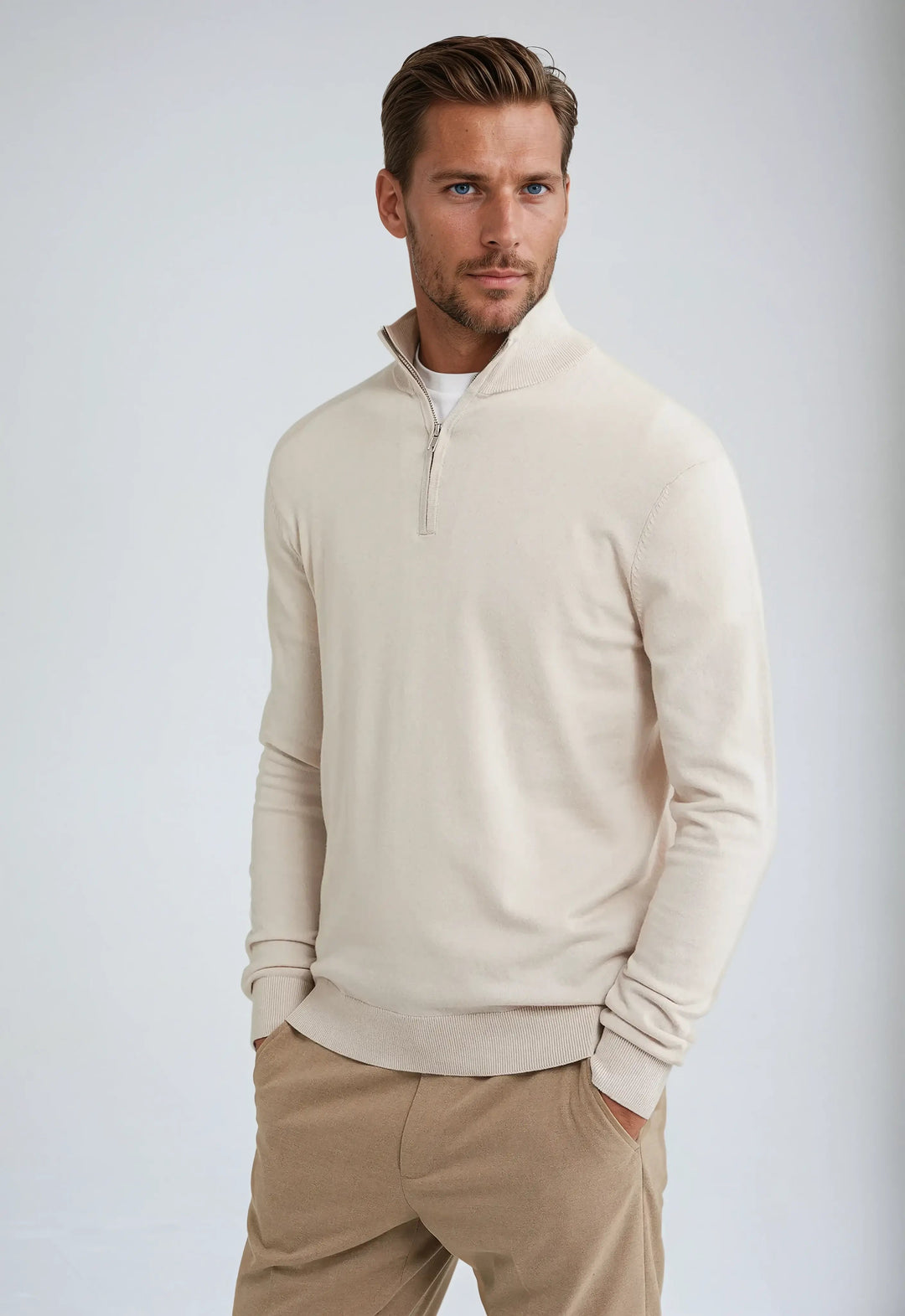 Stylish men's half-zip pullover sweatshirt, great for layering in fall and winter.