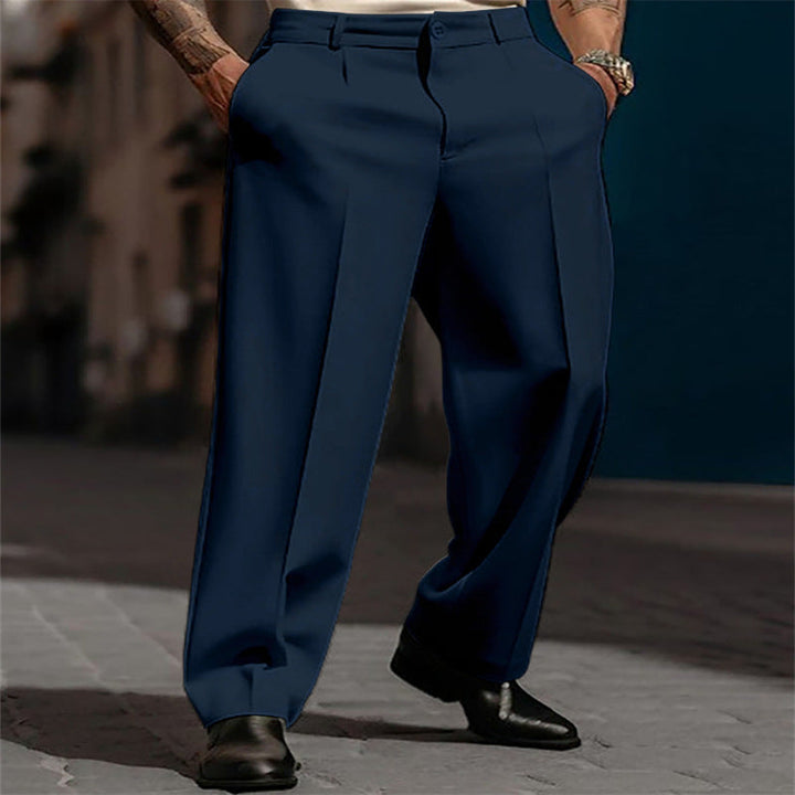 Versatile men's high waist wide leg trousers, classic fit. Ideal for elegant formal wear or modern fashion.