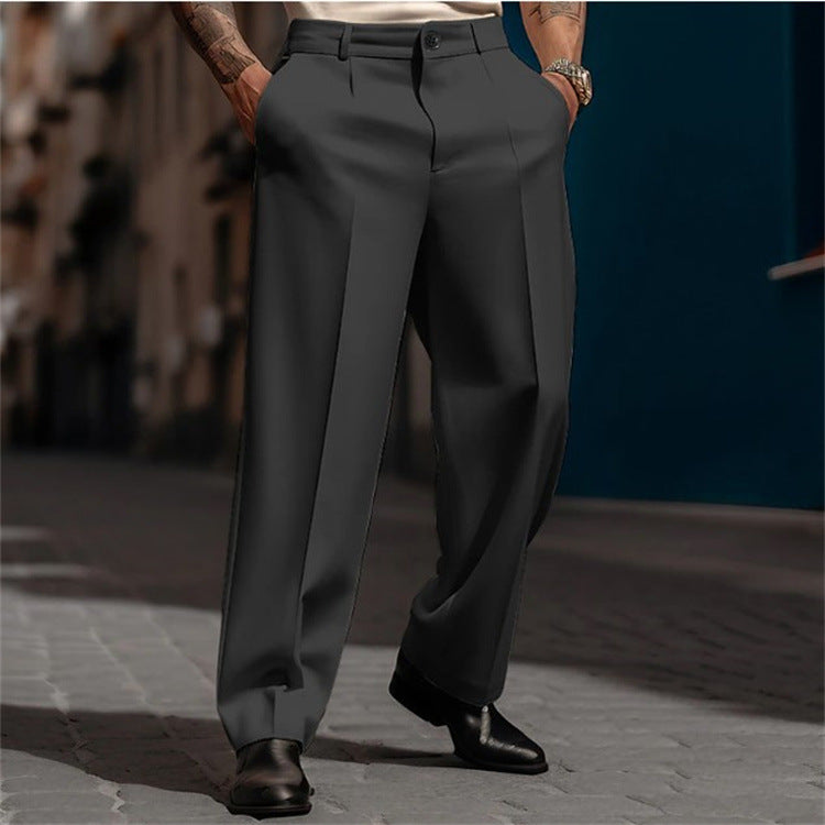 Comfortable men's wide leg suit trousers, high waist. Classic fit dress pants for a sophisticated look.