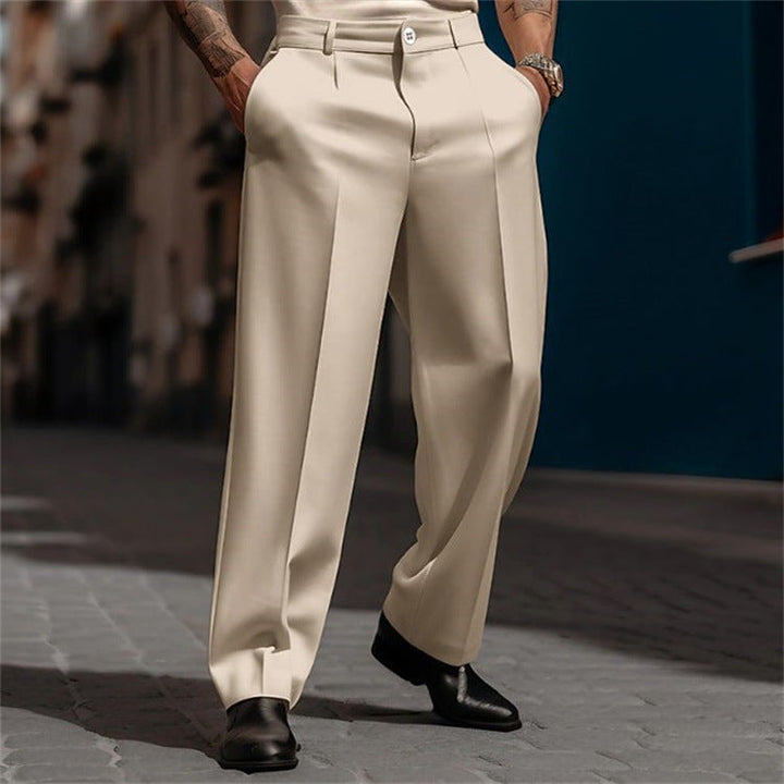 Elegant men's high waist wide leg dress pants. Classic fit suit trousers for versatile, fashionable styling.