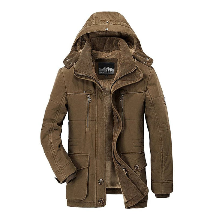 Warm men's hooded parka jacket, ideal for winter. Classic design, perfect casual outerwear for cold weather.