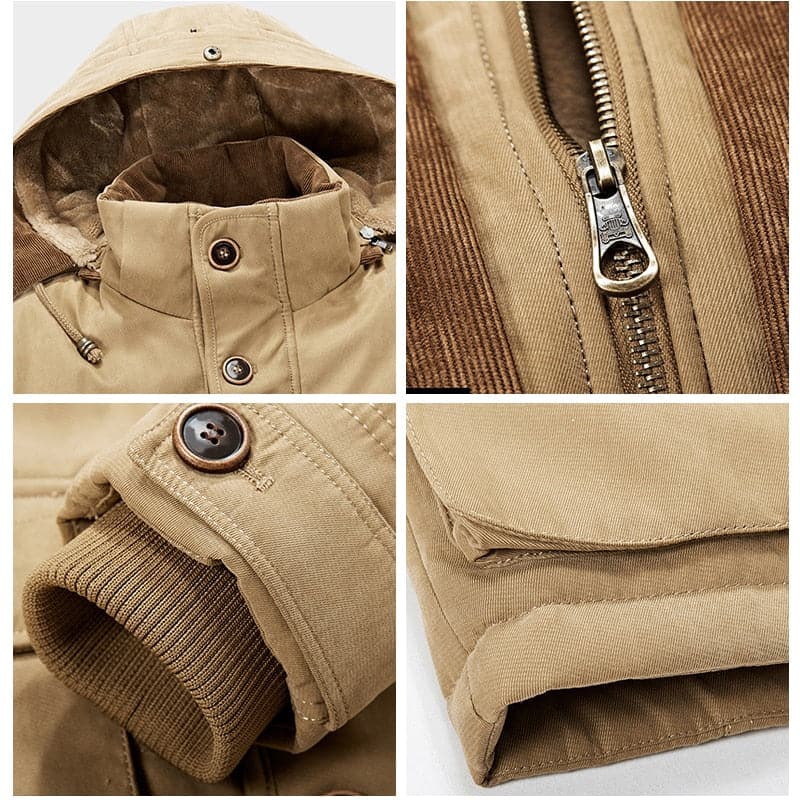 Mid-length men's hooded parka jacket, providing ultimate winter warmth. Versatile casual outerwear for men.