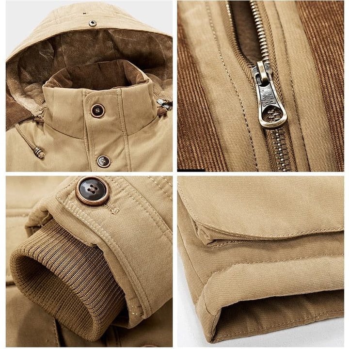 Mid-length men's hooded parka jacket, providing ultimate winter warmth. Versatile casual outerwear for men.