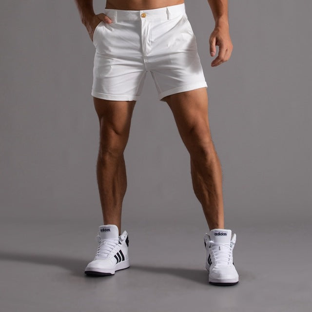 Comfortable white men's chino shorts, offering versatile style for everyday summer fashion.