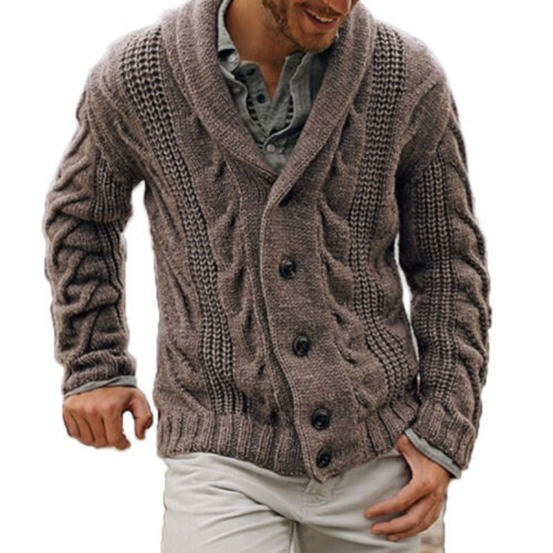 Close-up of a men's comfortable knit cardigan, showcasing its soft texture & durable button-up design for winter.