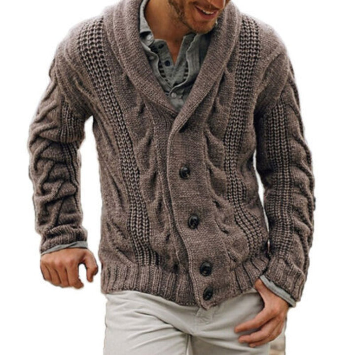 Close-up of a men's comfortable knit cardigan, showcasing its soft texture & durable button-up design for winter.