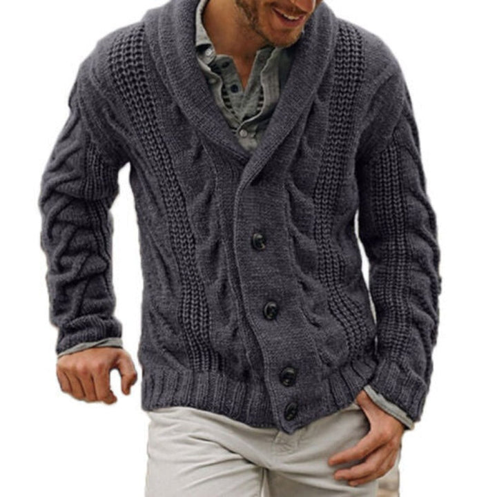 Stylish man wearing a warm men's knit button-up cardigan, ideal for comfortable layering and everyday fall fashion.