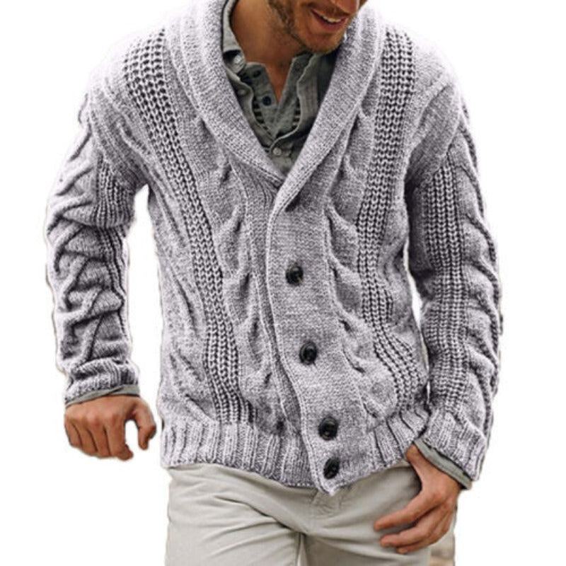Classic men's knit button-up cardigan, a versatile and warm layering piece for both casual and smart-casual outfits.