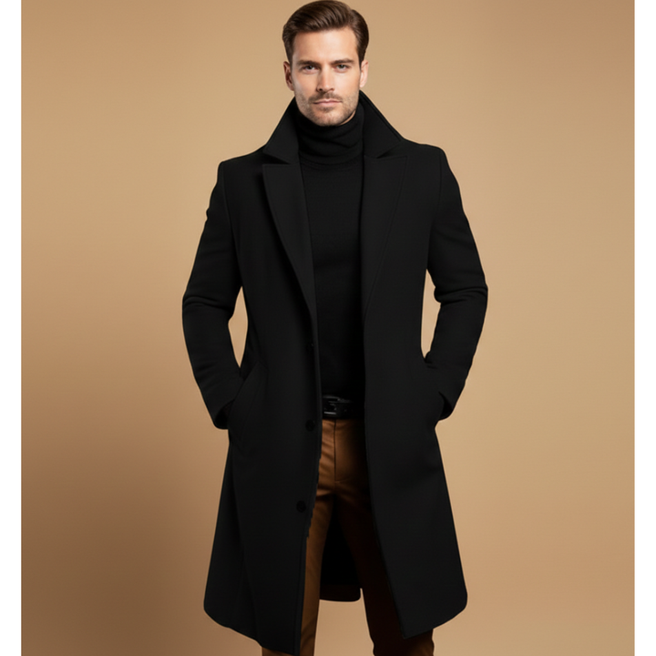Sophisticated men's long winter coat with wide lapels and button front, ideal for formal or casual style.