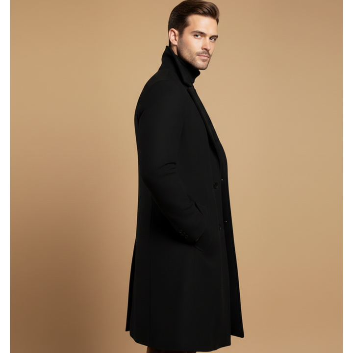 Elegant men's overcoat, classic button-front design, offering warmth & style for fall and winter fashion.