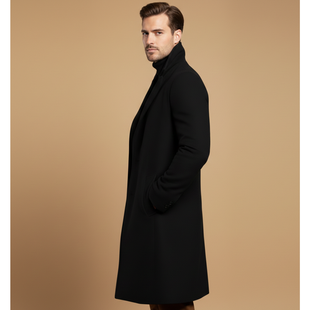 Handsome men's button-front long coat, a versatile classic winter outerwear piece for everyday or special occasions.