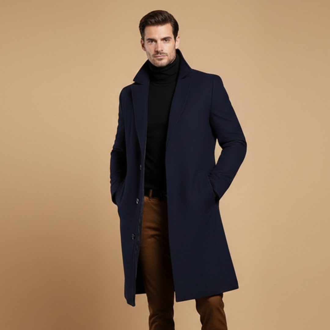 Full-length men's classic winter coat with lapels, providing warmth & a timeless, elegant look for any outfit.