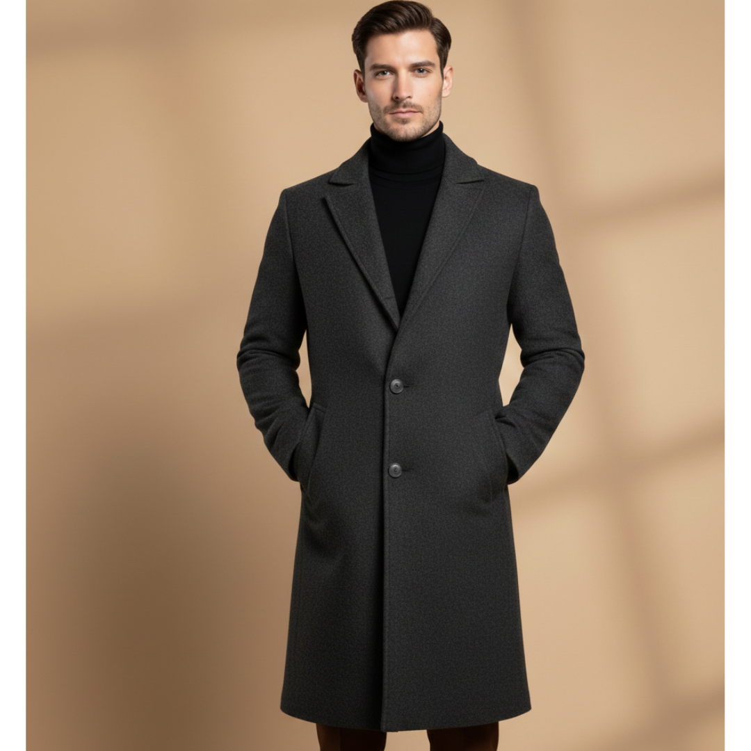 Men's formal long overcoat in a dark shade, perfect for adding a sophisticated touch to your winter wardrobe.