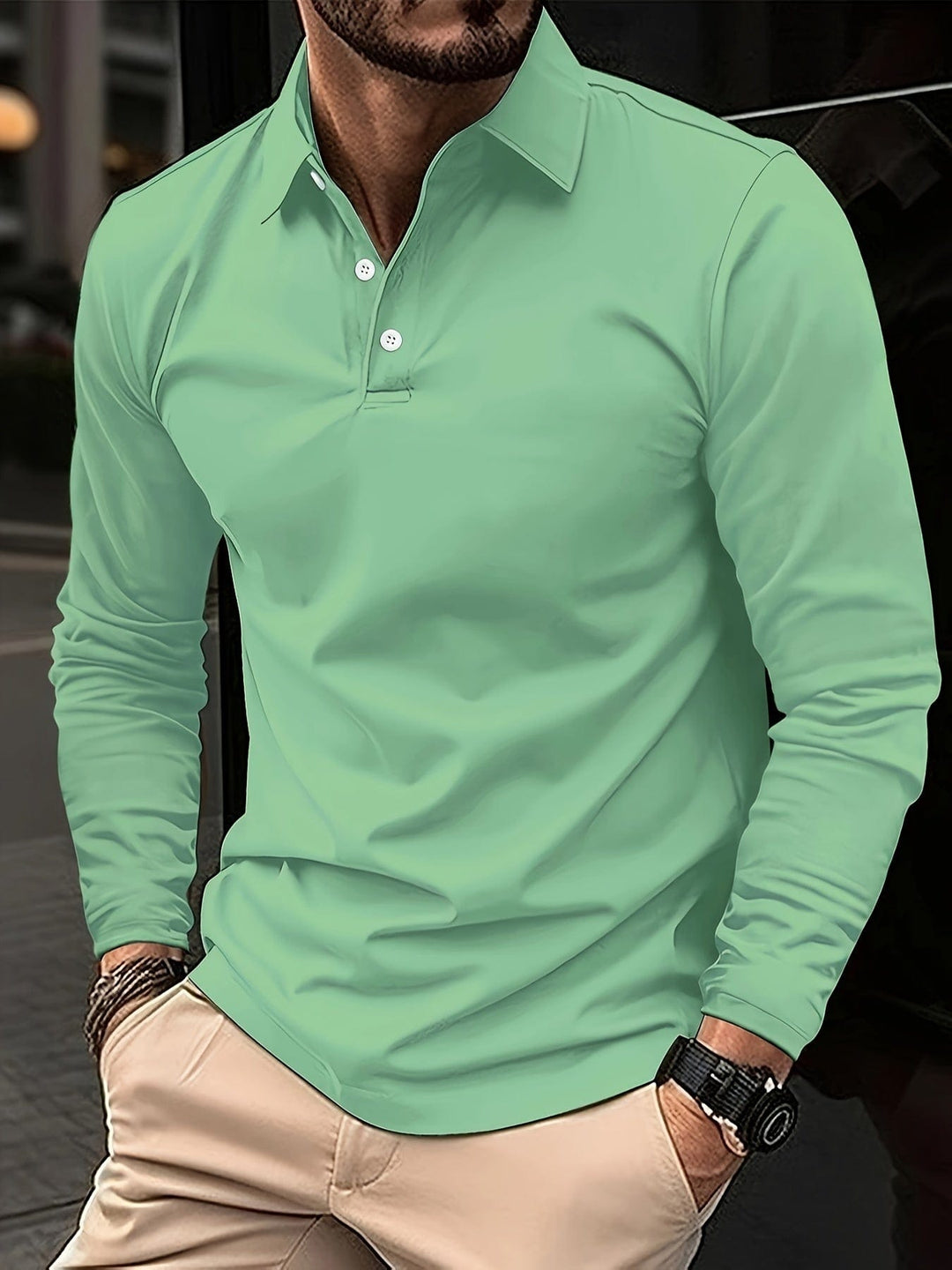 New men's long-sleeve polo, cotton blend casual shirt, great for layering or standalone wear