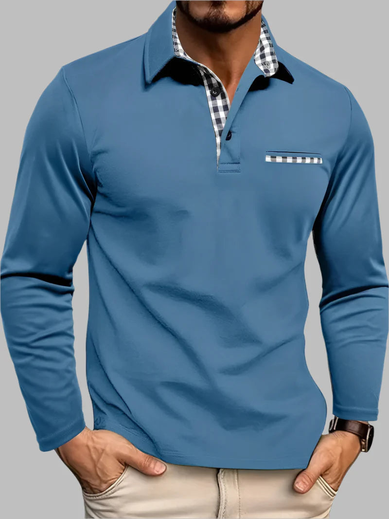 New men's long-sleeve polo, a versatile casual wear item with a tailored and classic fit.