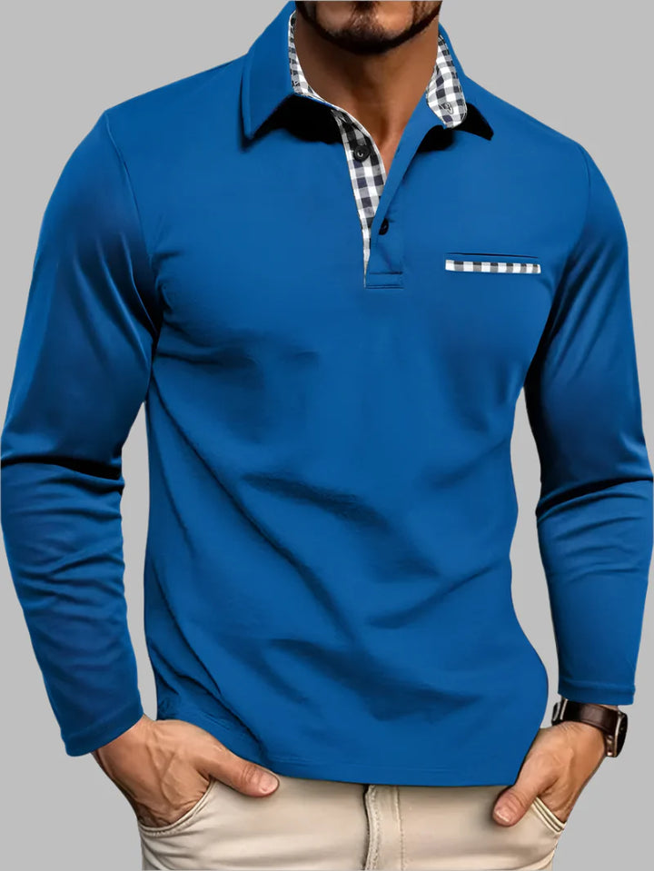 Comfortable men's everyday long-sleeve polo shirt for summer or year-round casual fashion.