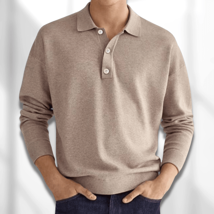 Men's classic long sleeve polo sweater, perfect for smart casual wear. Comfortable and versatile men's fashion.
