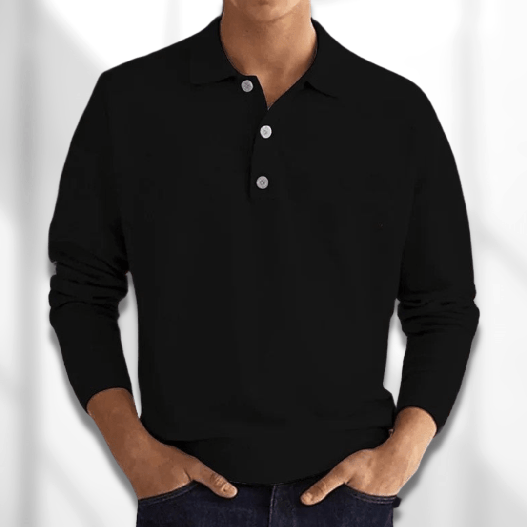 Classic men's long sleeve polo sweater in a soft knit, ideal for sophisticated casual outfits. Stylish & comfortable.