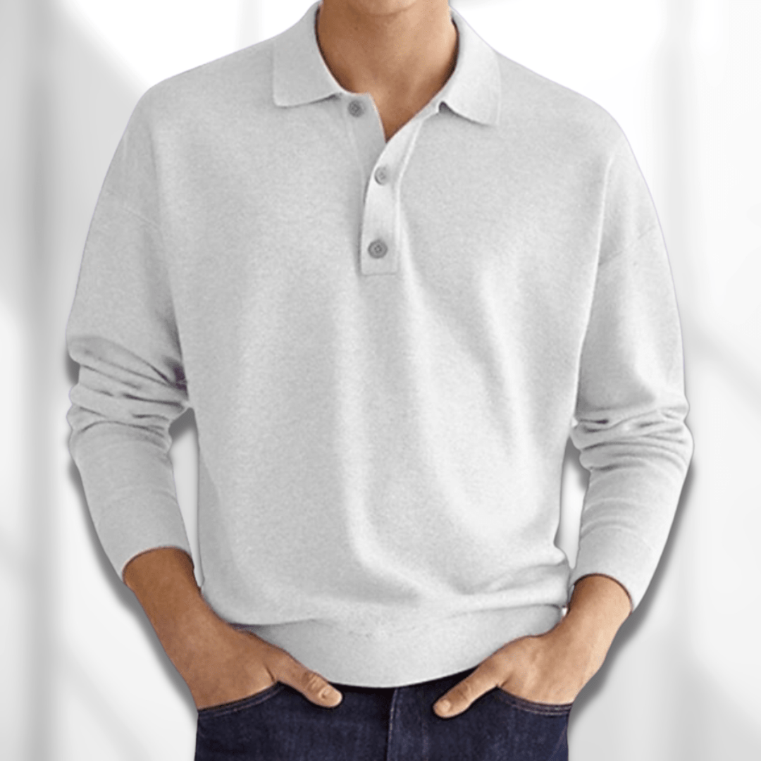 Versatile men's long sleeve polo shirt sweater, suitable for office or casual wear. Timeless men's fashion piece.
