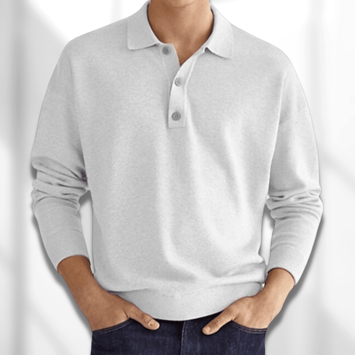Versatile men's long sleeve polo shirt sweater, suitable for office or casual wear. Timeless men's fashion piece.