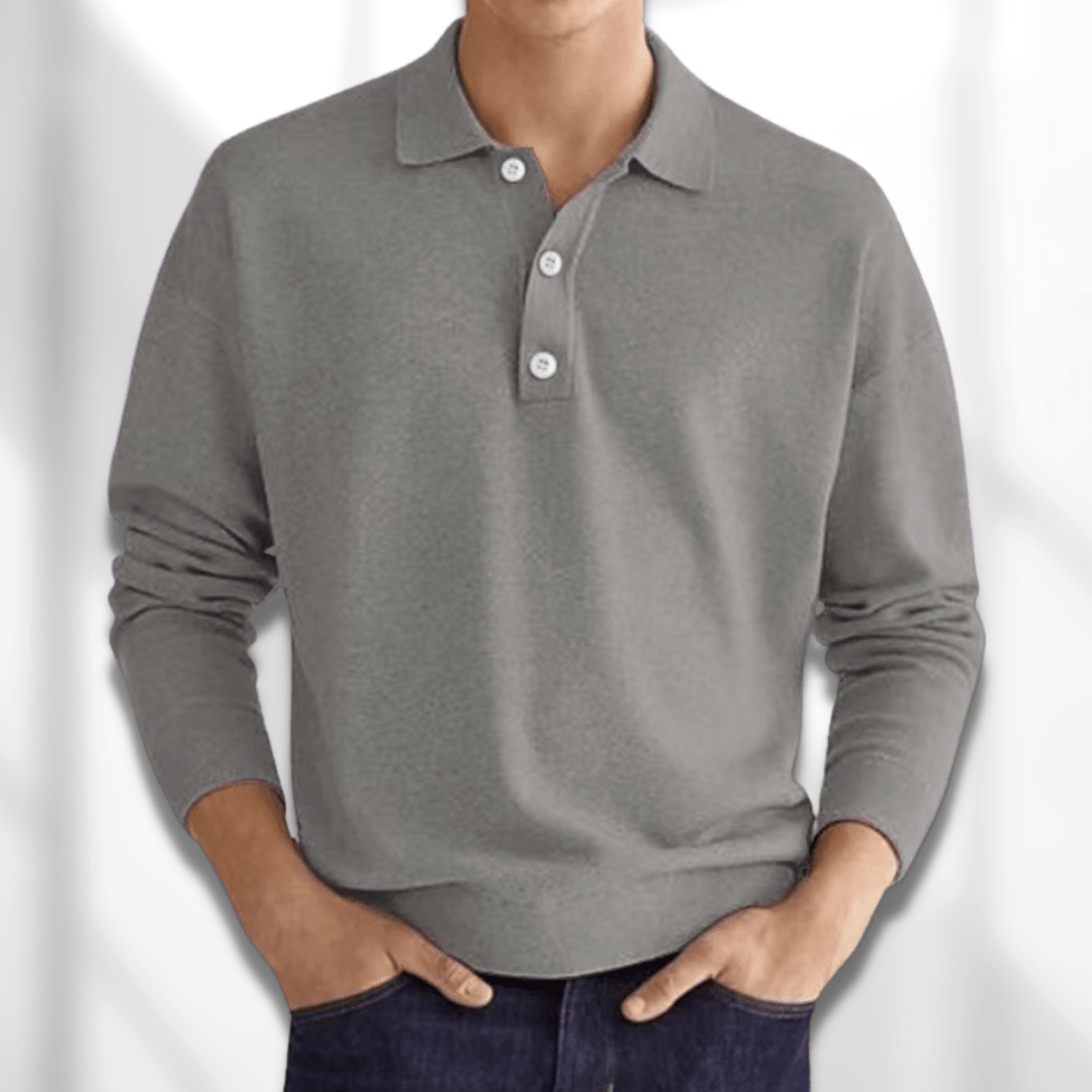 Stylish men's long sleeve polo sweater, blending the comfort of a sweater with a classic polo shirt design.