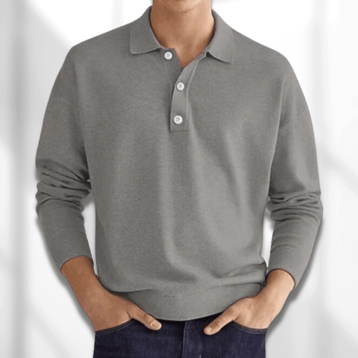 Stylish men's long sleeve polo sweater, blending the comfort of a sweater with a classic polo shirt design.
