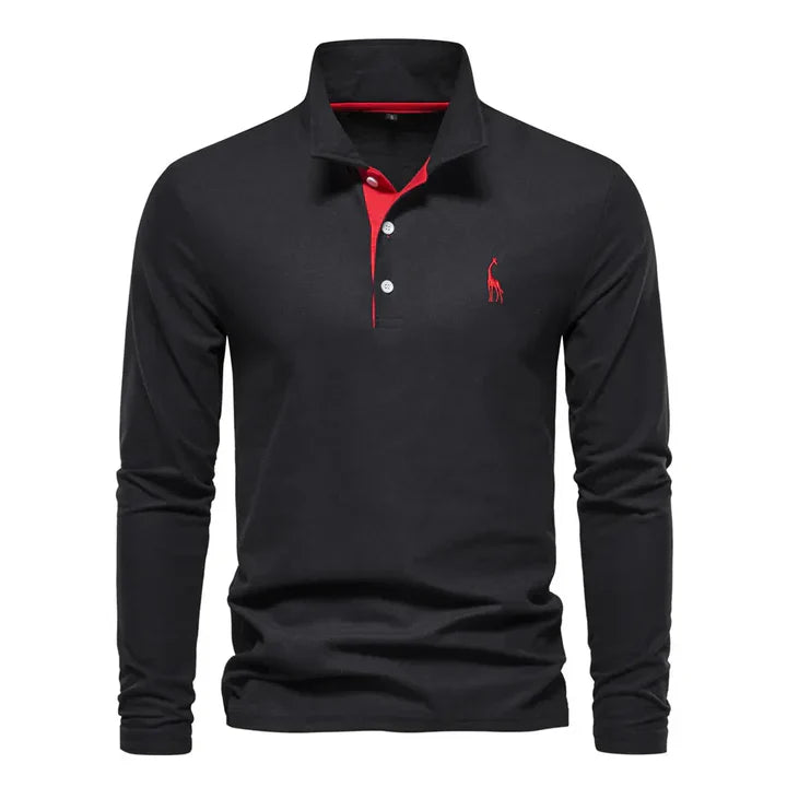 Men's classic long-sleeved polo shirt in a solid color, perfect for a smart casual look.