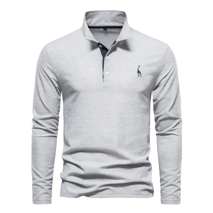 Classic long-sleeved men's polo featuring a button placket; a solid color regular fit casual shirt.