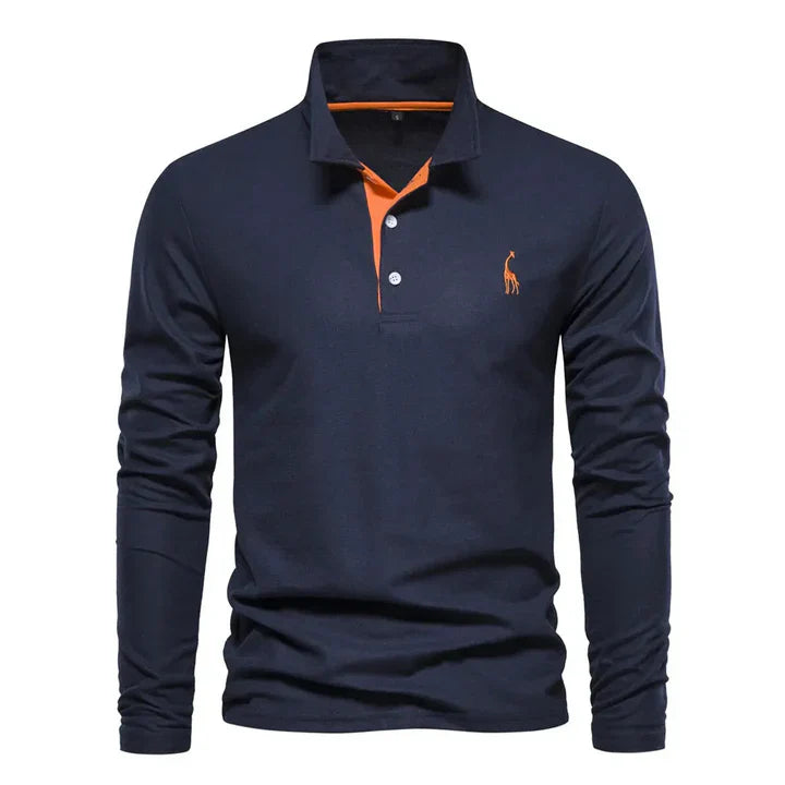 Stylish men's classic long sleeve polo shirt, solid color, great for modern men's fashion & smart casual.