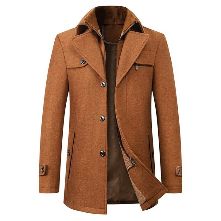 Stylish men's long trench coat. Versatile outerwear for formal or casual autumn & winter fashion.
