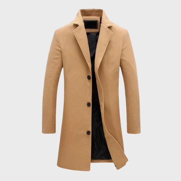 Men's classic long winter overcoat, timeless style, perfect for cold weather and formal or casual outfits.