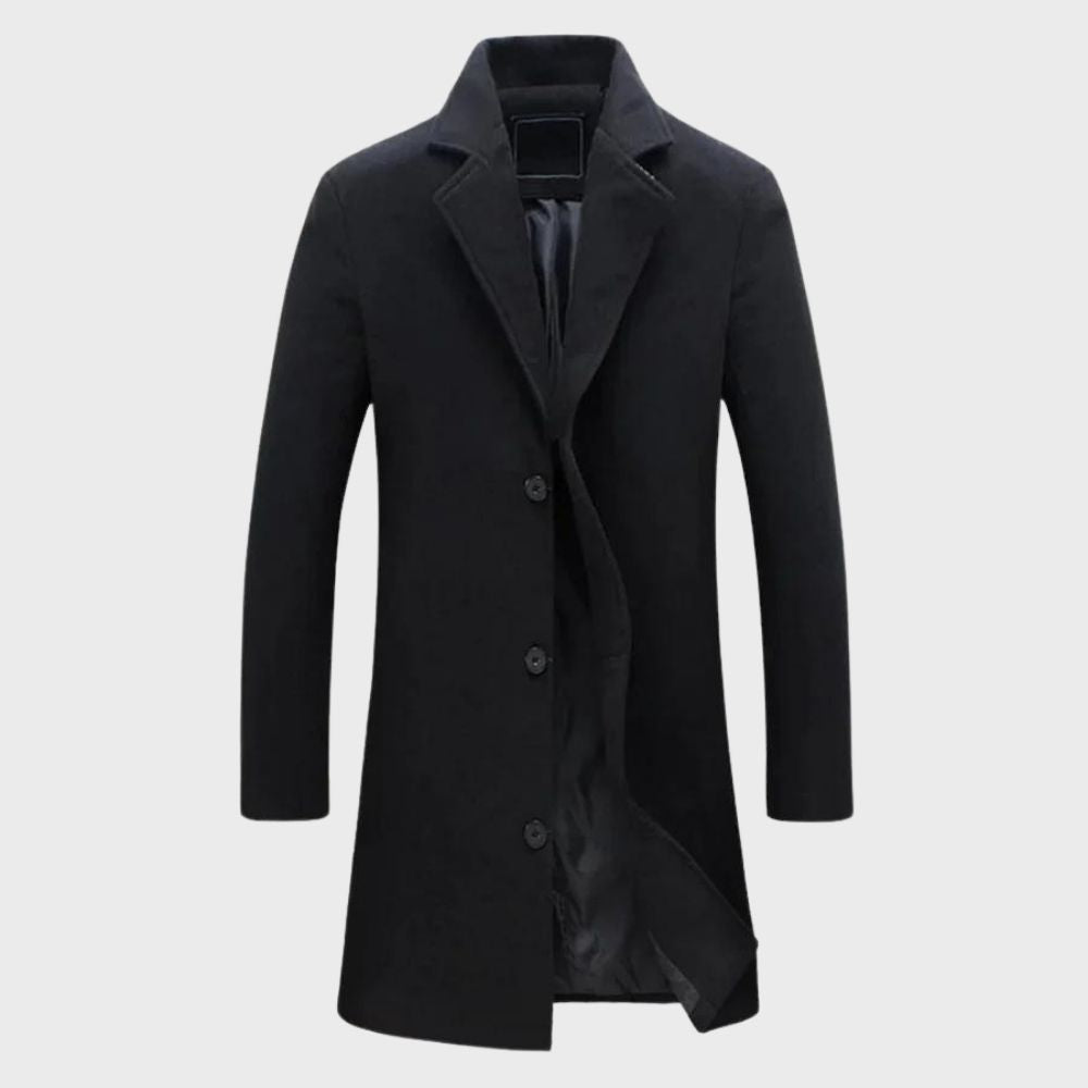 Stylish men's long winter overcoat with button front, ideal formal or casual outerwear for cold weather.