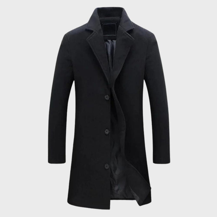 Stylish men's long winter overcoat with button front, ideal formal or casual outerwear for cold weather.