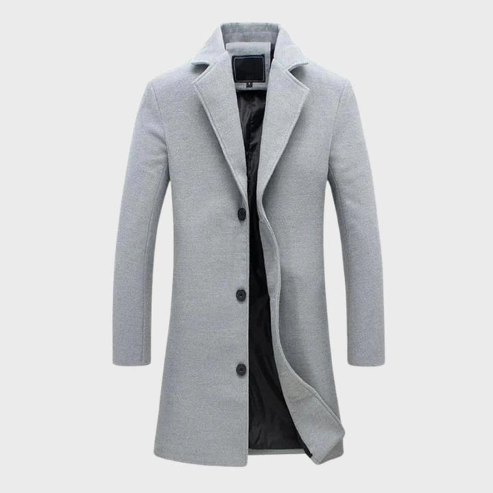 Elegant men's winter coat, a classic overcoat for stylish men, suitable as formal or casual cold weather outerwear.