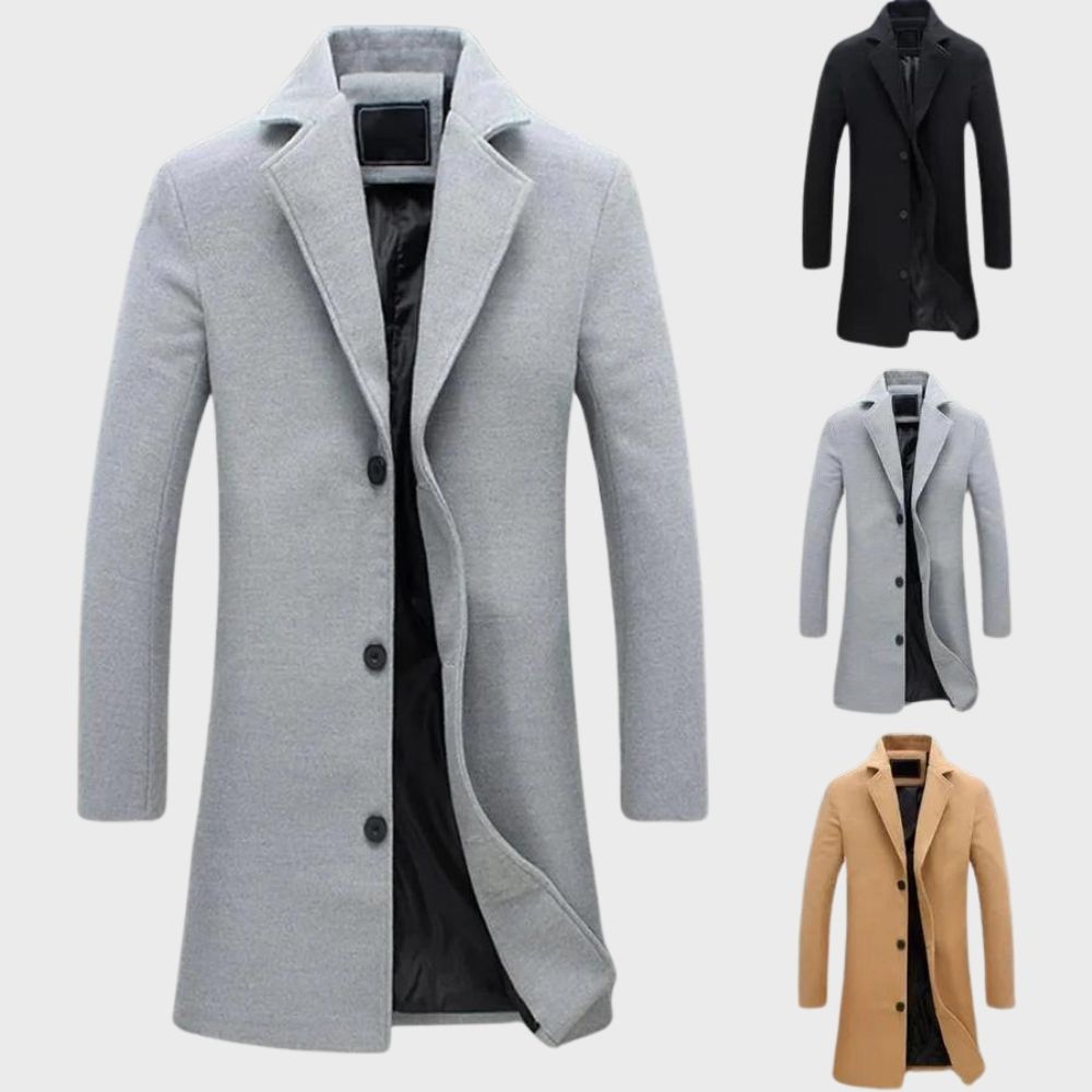 Timeless men's classic long overcoat, essential winter outerwear for stylish men to stay warm in cold weather.
