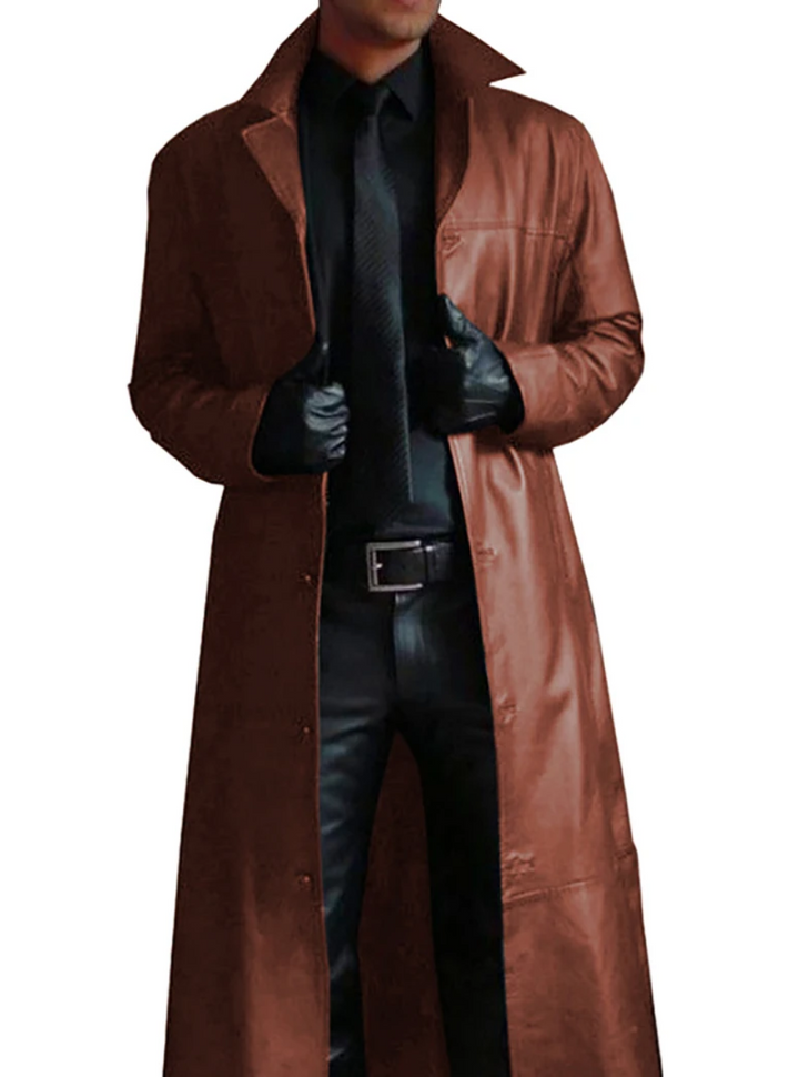 Men's classic longline trench coat in elegant beige, perfect for timeless style and versatile outerwear.