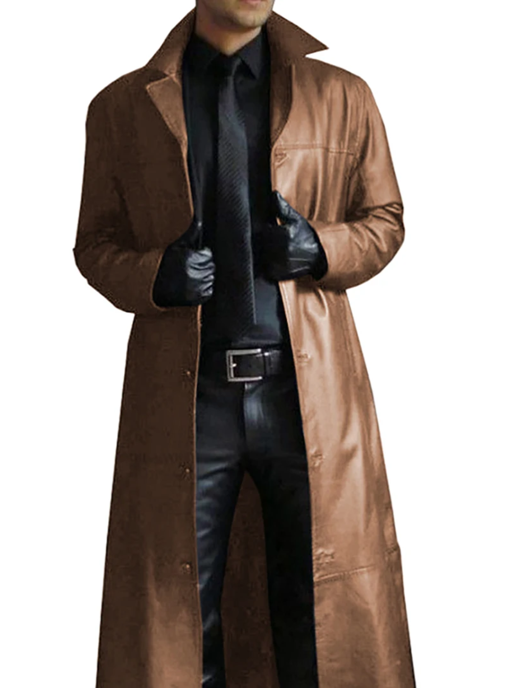Detailed shot of the belt and buckle on a men's classic longline trench coat.