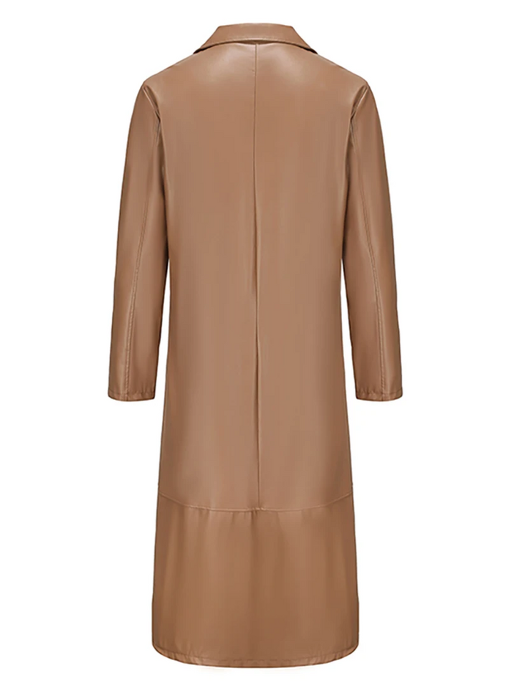 Back view of a men's long trench coat, showing the storm flap and clean lines.
