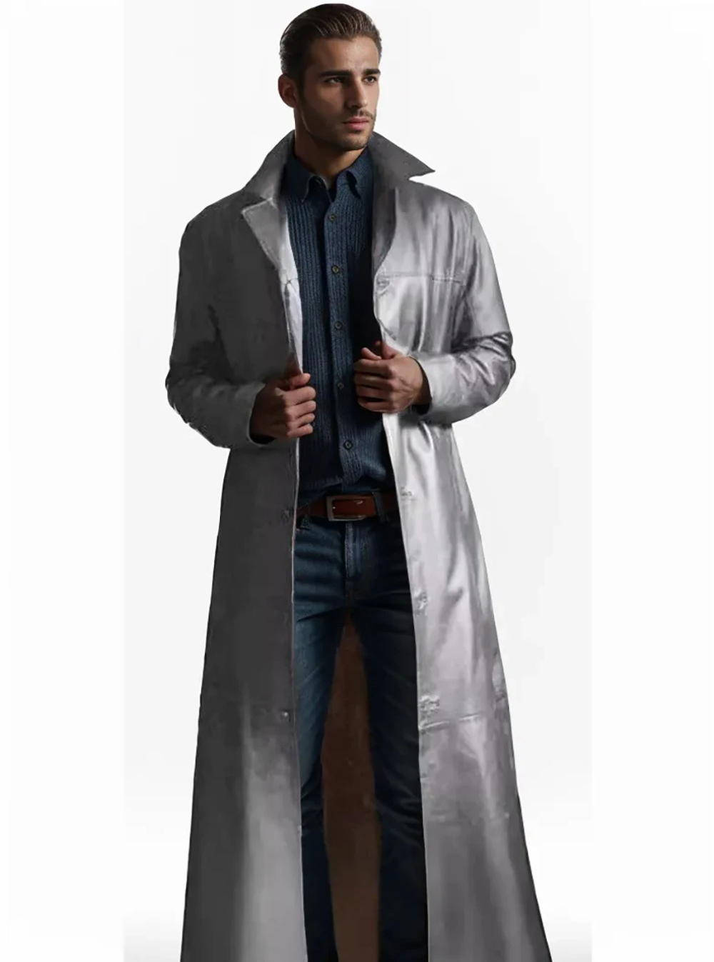 A man standing confidently in a classic longline trench coat, showcasing its elegant fit.