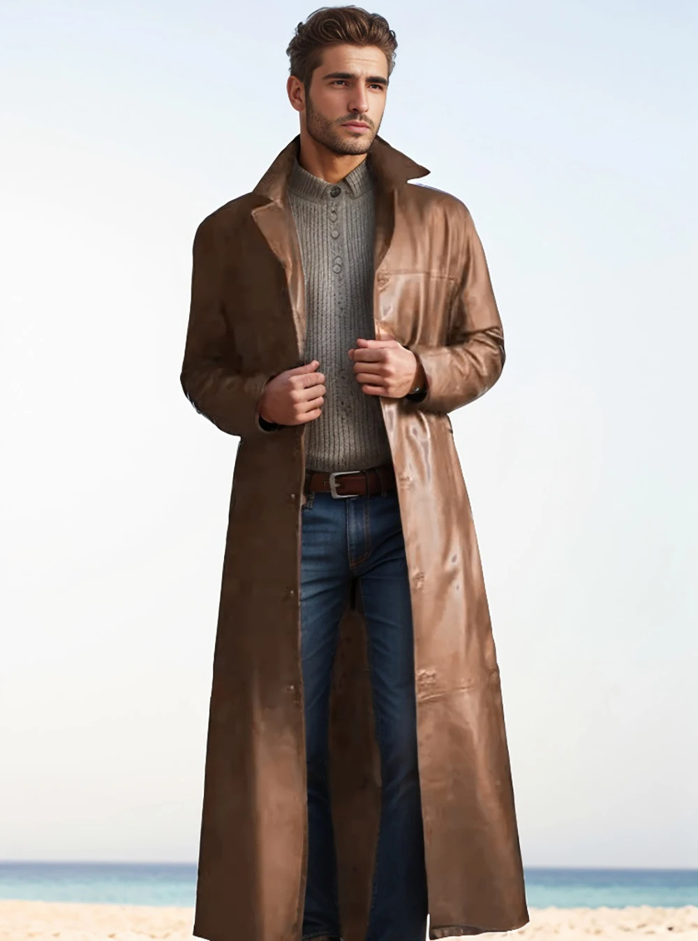 Men's elegant trench coat, featuring a sleek design and a comfortable, flattering cut.