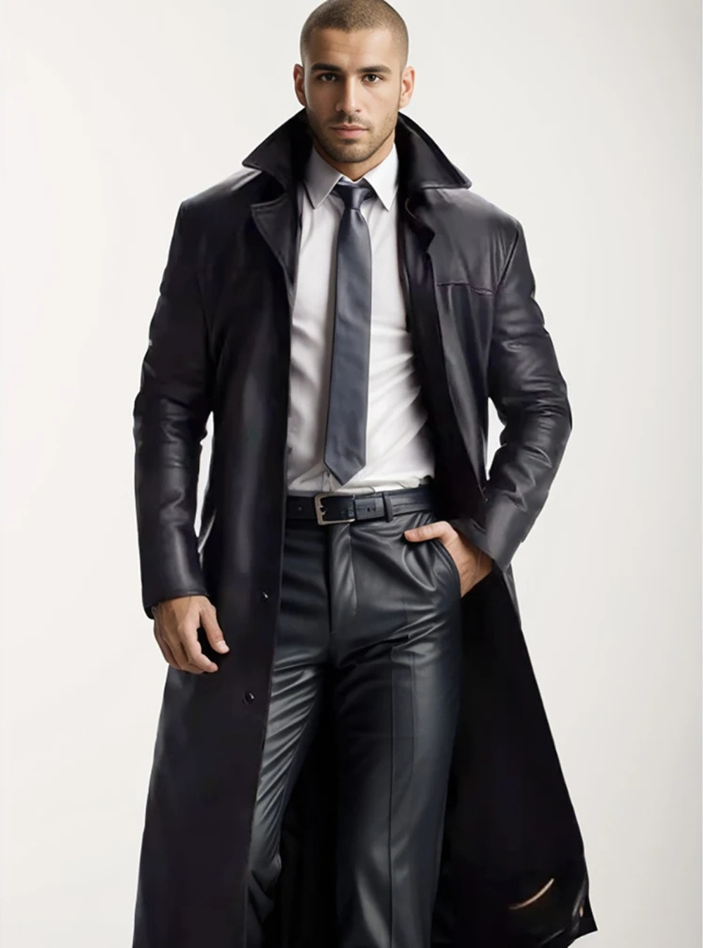 Close-up of a men's classic trench coat's fabric and button details, highlighting quality.